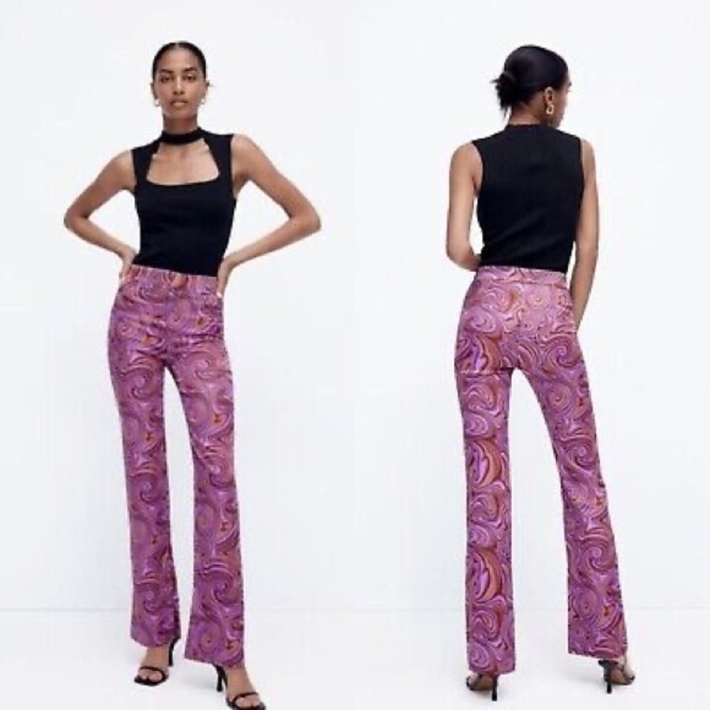 NWT Zara Purple Wavy Marble Printed Retro 60/70s High Waist Flare Pants - Small